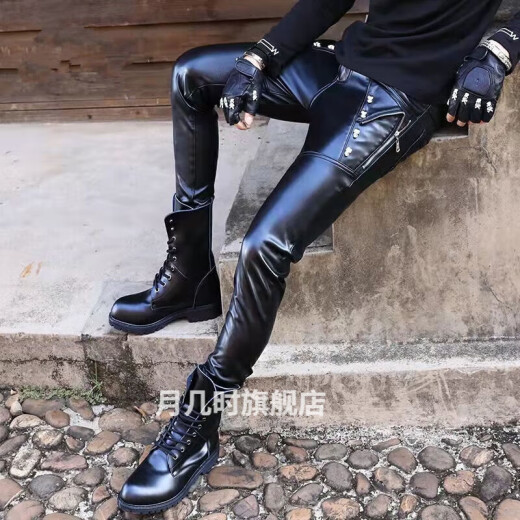 Ge Peng motorcycle leather pants men's winter regular velvet-lined windproof stage performance trousers Japanese and Korean style slim style trendy riding warm black M69027 waist 2 feet 0