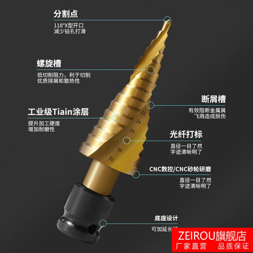 ZEIROU step drill bit pagoda drill bit electric wrench special woodworking extension rod industrial grade stainless steel multi-function opening spiral groove 4-20mm