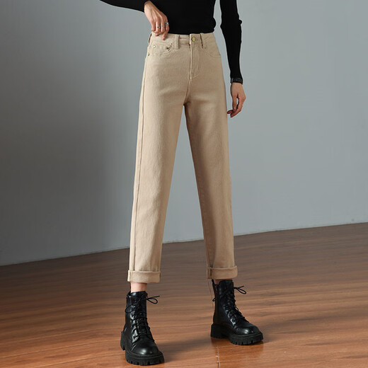 
Xujiang jeans for women in spring and autumn new high-waist loose slimming elastic cigarette pants commuting versatile plus velvet casual pants for women apricot plus velvet 13588 size 30 (2 feet 3)