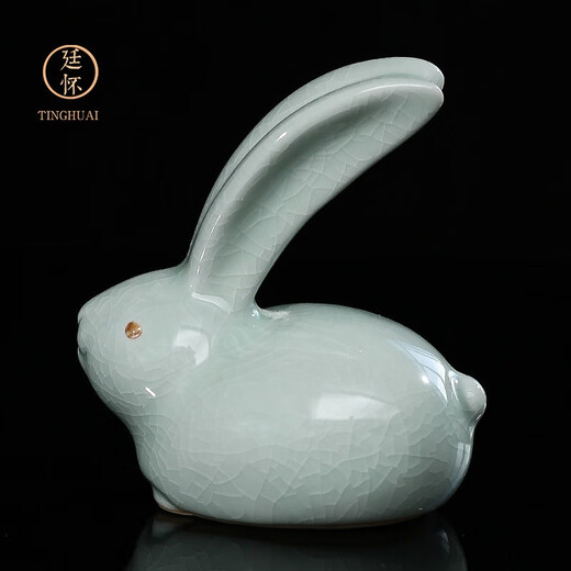 Tinghuai kiln Ru kiln rabbit tea art tea table exquisite tea pet ornaments can raise creative Ru porcelain tea set small ornaments Egg green glaze tea pet jade rabbit