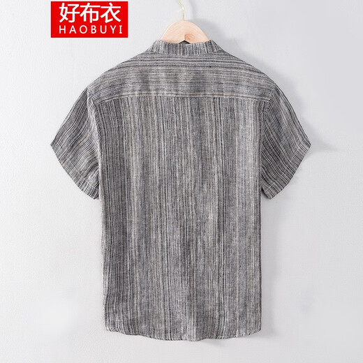 
Good Bull (HAOBUYI) color woven striped stand collar linen short-sleeved T-shirt for men's summer thin button-neck breathable pure hemp Japanese half-sleeved T-shirt gray S