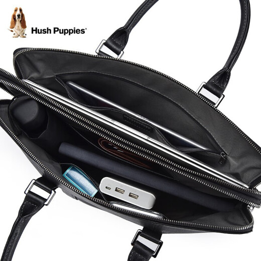 HushPuppies briefcase men's first-layer cowhide shoulder crossbody handbag men's business large-capacity computer bag black