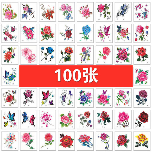 Butterfly Tattoo Stickers Female Sexy Waterproof Simulation Small Fresh Cute Rose Colorful Flowers Butterfly Cover Scar Arm Hand Set 3D Stickers 100 Pieces