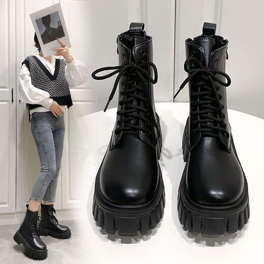 Lekali British style Martin boots for women, thick sole short boots, small heightened leather shoes with skirt work boots single boots for women, black 38