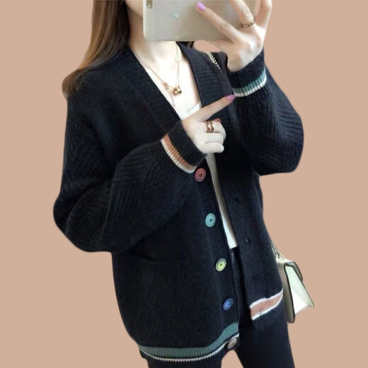 Spring and Autumn Knitted Sweater Women's Cardigan Korean Style Loose Button Long Sleeve Sweater Short Jacket Women 235 Black 2XL (Recommended 126-130Jin [Jin equals 0.5kg])
