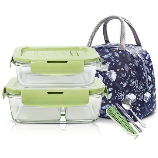 Demas heat-resistant glass fresh-keeping box microwave lunch box office worker bento box Nordic green 700+ 880ml+ tableware
