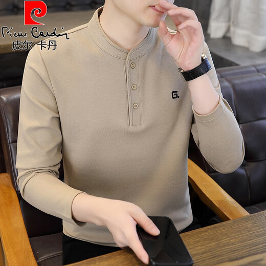 Pierre Cardin (pierre cardin) Chinese style Henry collar long-sleeved T-shirt men's spring autumn casual winter sweatshirt mature and stable bottoming POLO collar apricot regular 2XL 135-150Jin Jin is equal to about 0.5 kg