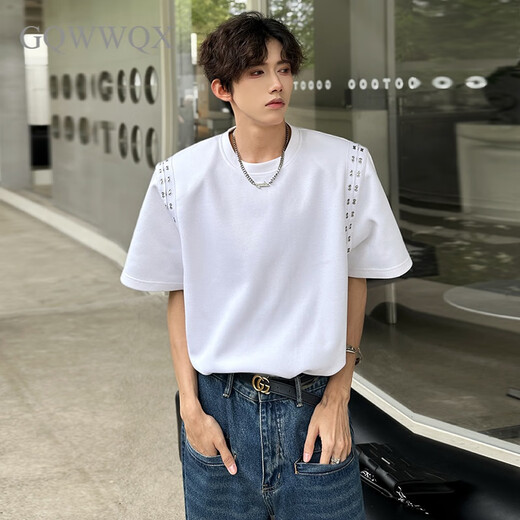 
Zhidou Dou Dou's handsome shoulder pad T-shirt for men's summer hair stylist trendy short-sleeved niche design five-point half-sleeved cd1047 white one size m