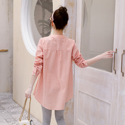 Maternity wear, spring and autumn shirts, long-sleeved shirts, mid-length autumn maternity wear, pure cotton two-piece striped tops for women, blue tops, long sleeves, L recommended 120-140 Jin Jin equals 0.5 kg