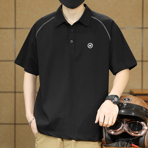 Yilangku schweres Revers kurzärmelig T-Shirt Herren loser Sommer-Bambus-Baumwoll-Baumwoll-Top Trendy Printed Polo Neck T-Shirt Black 4xl [200-220jin [Jin entspricht 0,5 kg]]]