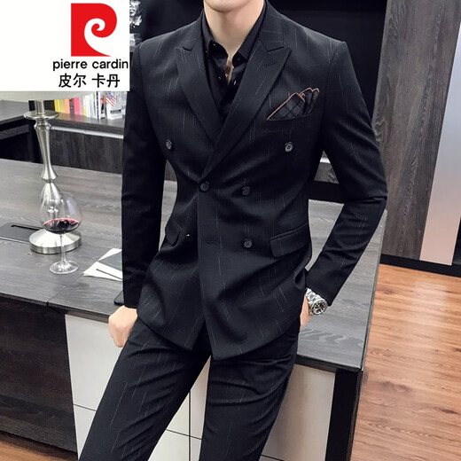 皮尔卡丹（pierre cardin）双排扣西装男套装修身休闲韩版英伦感正装男士结婚大码西服潮 9905黑色【西服+西裤】领带 5XL