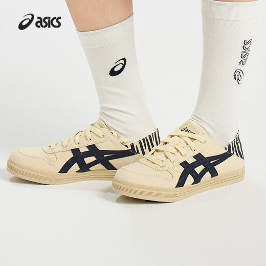 亚瑟士ASICS板鞋男女同款情侣一脚蹬帆布鞋休闲鞋运动鞋 AARON SLIP-ON 米色/藏青色 42.5