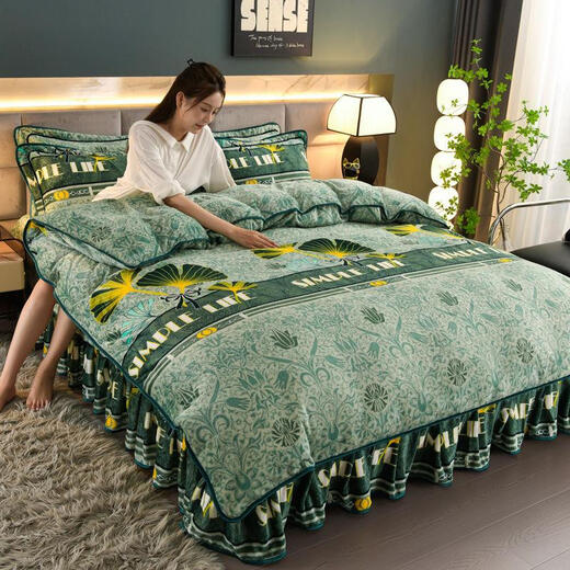 Winter milk velvet thickened double home quilt cover gold mink Farley velvet coral velvet bed skirt three-piece set Love Story 2.2 bed four-piece set (quilt cover 220*240)