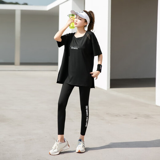 Zuolangdi yoga suit women's fitness suit summer new large size fat mm loose slimming running sports suit black three-piece set M (42-52KG recommended)