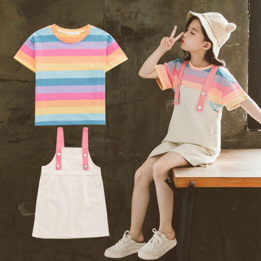 Tiansun suit girls suit 2022 summer new style children's Korean short-sleeved suspender skirt two-piece suit for middle-aged and older children's girl's style suit rainbow stripes 130cm