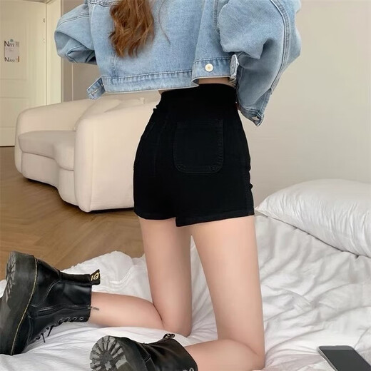 Miao Yijia black shorts for women in autumn and winter high waist denim shorts slimming girls hot pants with boots showing long legs hot girl shorts denim shorts black L