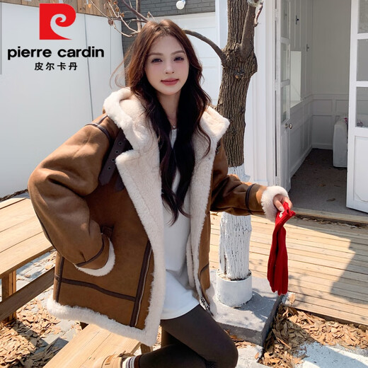 皮尔卡丹（pierre cardin）美拉德穿搭棕色连帽羊羔绒皮毛一体外套女冬季新款加厚机车服女装 棕色 升级版 加厚 S (110斤内)