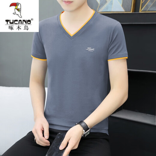 
Woodpecker (TUCANO) Odell Cotton Summer V-neck Short-sleeved T-shirt Men's Trendy Base Shirt Half-sleeved Slim Body Shirt Pure Cotton Casual Clothes Q691 Light Gray 4XL [Suggested 170-190Jin [Jin equals 0.5 kg]]