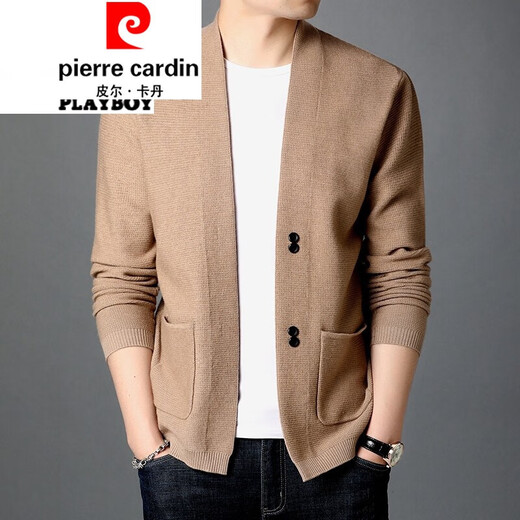 皮尔卡丹秋季新款开衫男针织衫宽松大码中年韩版男士含羊毛薄款毛衣外套男 驼色 3XL 125