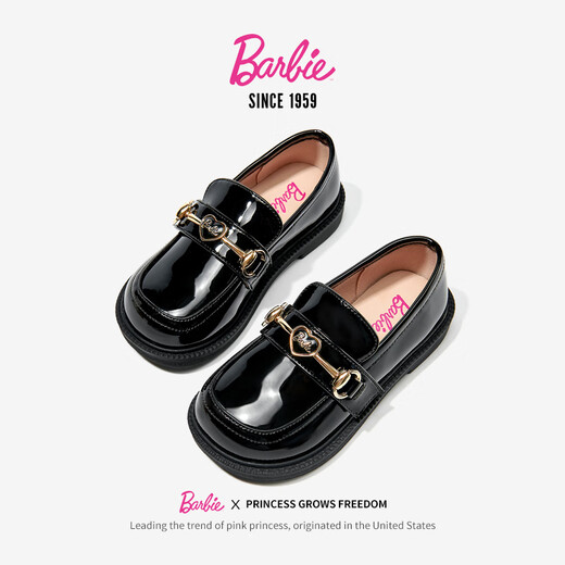 Barbie Children's Shoes Girls Spring and Autumn British Style Girls Performance Bright Leather Black Leather Shoes Slip-On DA6562 Black Size 36