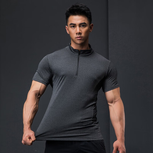 Lutie Dog Fitness Wear Short Sleeve Men's Stand Collar POLO Slim Fit Muscle Showing Quick Drying Breathable High Elasticity Coaching Wear T-Shirt Black XXL