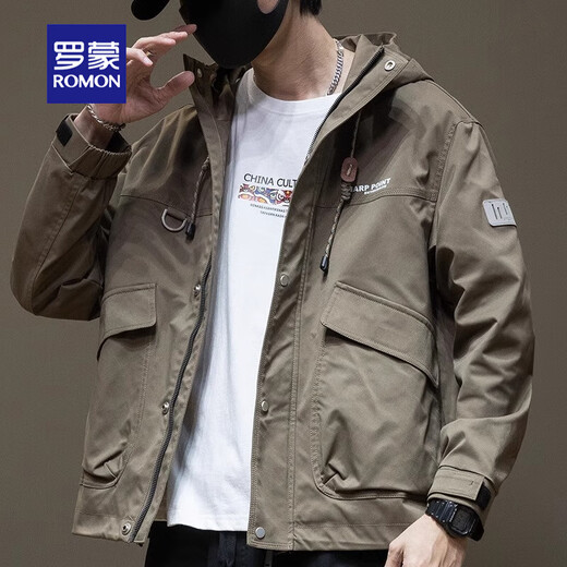 罗蒙夹克工装男士2025春秋季潮牌加厚男生大码棉衣男款冲锋衣连帽风衣 1502-1军绿色（加绒加厚） 3XL (体重160-180斤)