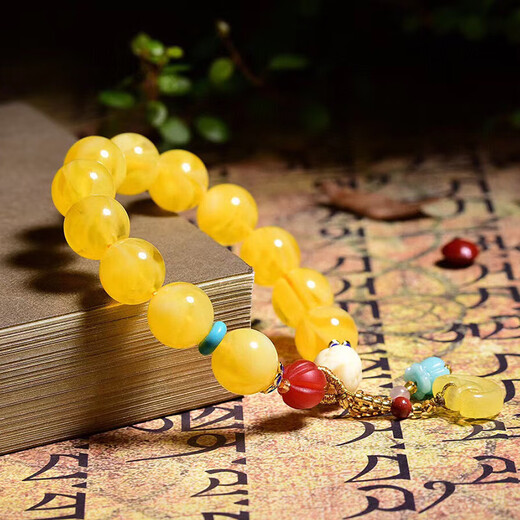 Fat Donglai's same style beeswax accessories gold twist gold amber women's bracelet bracelet round bead solid color DIY bracelet 14mm certificate style