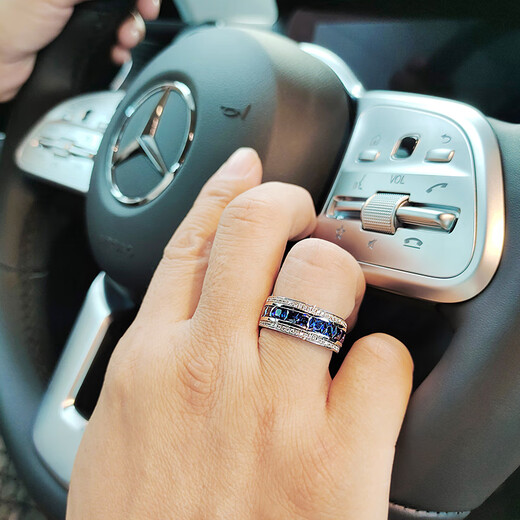 Fat Donglai's same moissanite diamond ring for men, sapphire ring for men, single row of diamonds, imitation tanzanite silver, platinum plated, customized full circle narrow version, default blue - 10~15 days