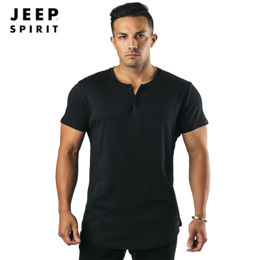 JEEP SPIRIT muscular man fitness round neck buttoned short-sleeved t-shirt cotton slim fit tough guy henley shirt sports top solid color t summer white XL