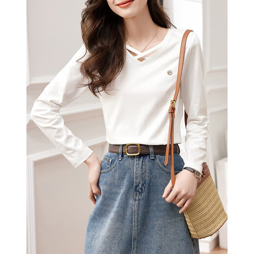 Demana (dme) temperament cotton polyester knitted women's T-shirt spring and autumn commuting v-neck micro-elastic long-sleeved T-shirt for women