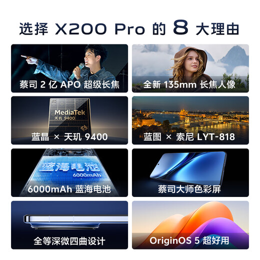 vivo X200 Pro 12GB+256GB 宝石蓝 国家补贴 蔡司2亿APO超级长焦 蓝晶×天玑9400 6000mAh蓝海电池手机