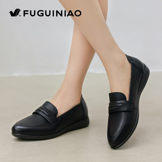 Fuguiniao British style small leather shoes women's first layer cowhide single shoes women's 2024 spring new style medium heel thick heel working mother women's shoes black FN0235/107635