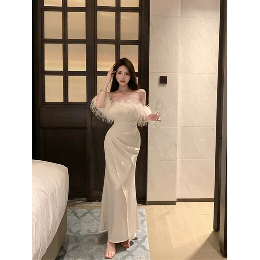 YIOU 2025 new annual meeting banquet evening dress prom white one-shoulder dress women's figure-flattering dress 5886 off-white S