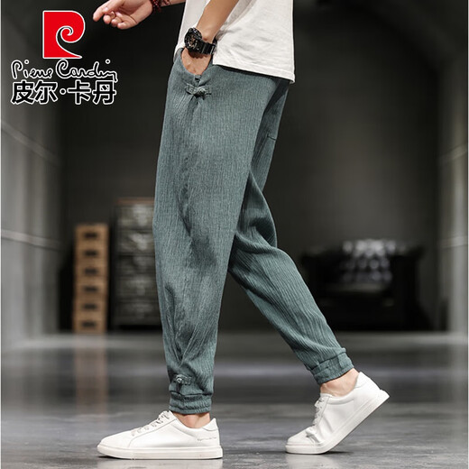 皮尔卡丹（pierre cardin）亚麻九分裤男夏季薄款冰丝休闲裤中国风棉麻男裤宽松束脚运动长裤 藏青色 L115-135斤