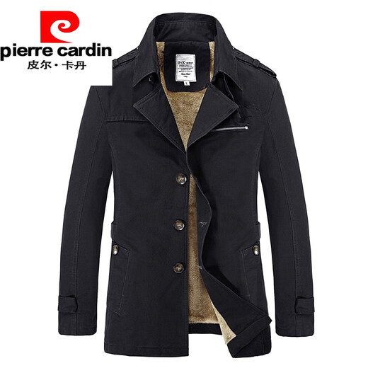 Pierre Cardin autumn and winter men's windbreaker mid-length hooded cotton Korean style trendy lamb plush jacket popular coat 5793Z dark khaki plus velvet XL