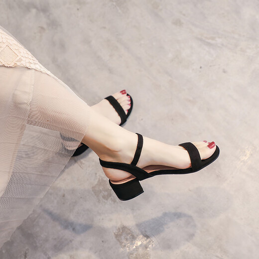 斯普王（SIPUWANG）凉鞋女2025年新款夏季百搭平跟粗跟一字带鞋时装罗马女鞋 黑色-跟高2.5厘米 698-2 39