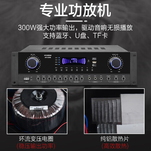 HYUNDAI现代会议室音响系统壁挂家庭KTV蓝牙功放教学培训店铺无线话筒背景音乐舞蹈教室酒吧商场音箱套装 10寸音响2只+功放+一拖四U段麦克风