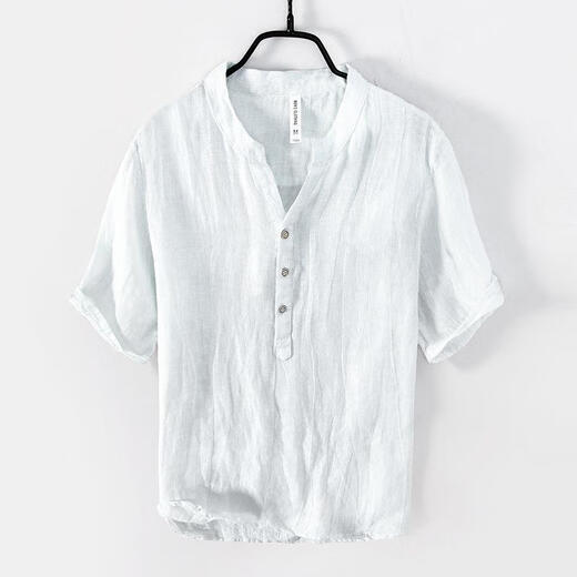 Good Bull (Haobuyi) Sommer Dünnes Leinen kurzärmeliges Freizeit-T-Shirt für Herren-Stand-up-Kragenpullover Nationaler Trend Largegroße Presse, gefärbtes großes Stand-up-Kragen Khaki XL