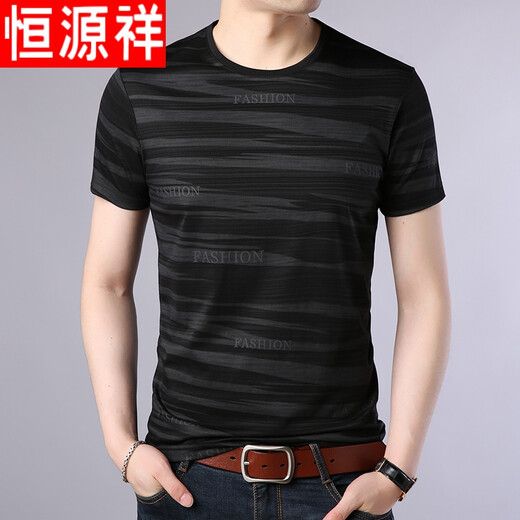 Hengyuanxiang brand high-end men's clothing T-shirt men's short-sleeved summer new ice mercerized cotton half-sleeved men's T-shirt middle-aged and young round-neck striped sweatshirt and 9901 black 180