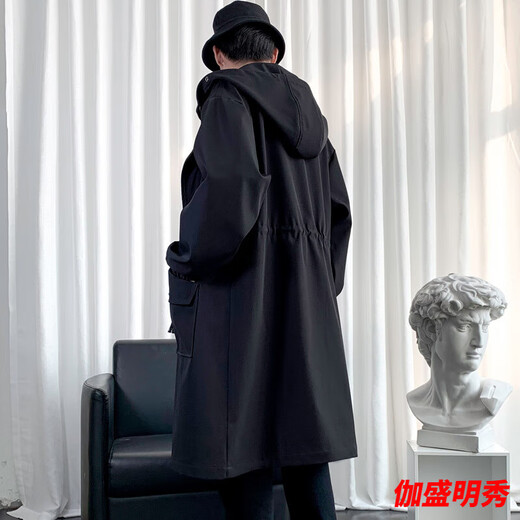 Mouth-turn men's windbreaker jacket men's spring and autumn mid-length coat 2024 new spring long casual large size men's clothing black 2XL 170-190Jin Jin equals 0.5 kg