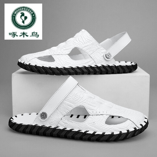 
Woodpecker 2024 summer genuine leather men's bag-toe soft-soled sandals wearing outdoor driving beach business high-end casual sandals M9855 black 38