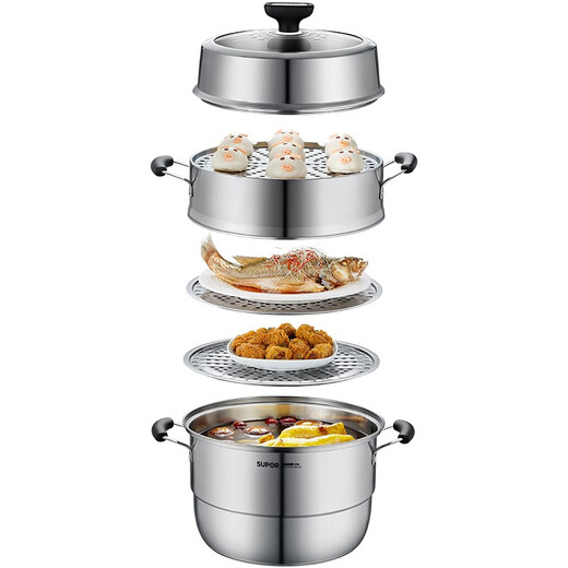 SUPOR steamer 304 stainless steel steamed bun pot thickened multi-bottom soup pot three-layer steamer household smart and easy-to-take large-capacity pot upgraded smart and easy-to-take 3 layers 28cm
