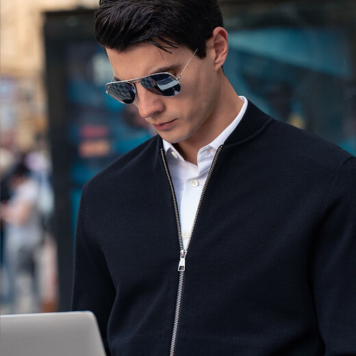 
Mr. Bu star's new style spring and autumn jacket for men's wool knitted cardigan jacket long sleeve solid color clothes middle-aged piano black L (175)