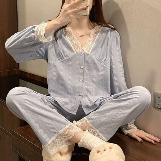 婉曼朵开衫睡衣女士棉秋秋款s风性感蕾丝长袖V领网红 短秀2 3882#粉色提花 M  建议80-105斤以内