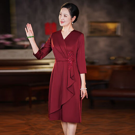 Vestido de moda de boda de Luoshu Xi Abuela Summer Summer Pequeña ropa de boda de alta gama 2024 Estilo de primavera y verano XI 6197 Vino Rojo L