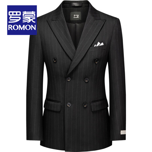 ROMON high-end customized British suit for men, groom, wedding, double-breasted striped suit, men's business formal suit, gray stripe = suit + pants + shirt, 3XL size