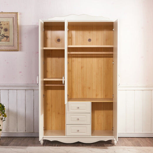 A home furniture wardrobe wooden Korean pastoral white bedroom wardrobe modern simple overall large wardrobe three door wardrobe white HS0401