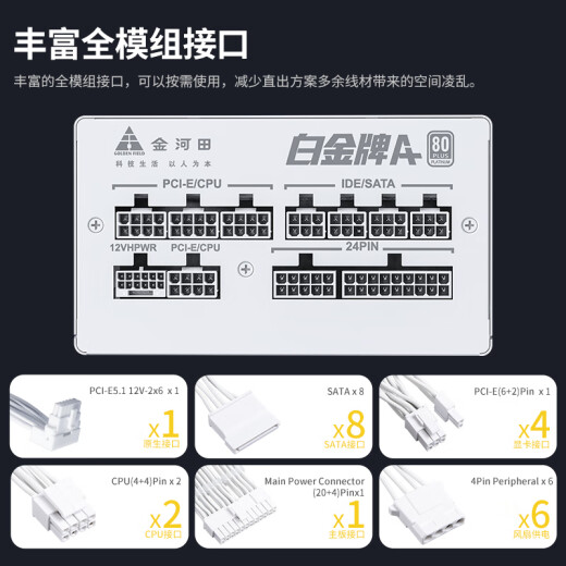 金河田（Golden field）白金牌A+1050全模组电脑电源台式机1050W电源 ATX3.1 支持PCle5.1原生显卡供电 白金牌A+1050白【压纹全模组/ATX3.1】