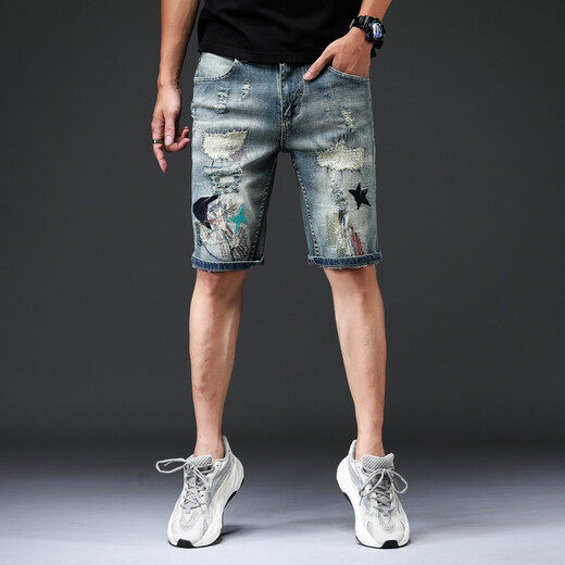 Niu Bafang Neue Sommer -Internet -Promi Stickerei Rippte Haired Cat Whisker Denim Shorts Herrenmodische Marke Persönlichkeit Modetrend Elastischer Sommer -Männer -Denim -Shorts 826 Hellblau Größe 34 (zwei Füße sieben)