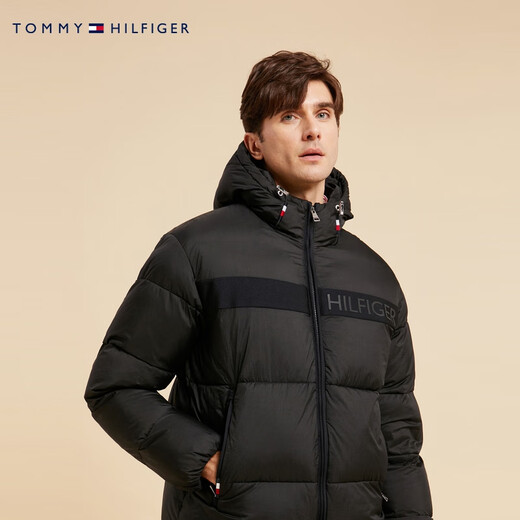 Tommy Hilfiger [Ropa de algodón de pan] Fashion de otoño e invierno Fashion Capele Letter Chaqueta con capucha cálida Hombres 02539 BDS clásico Black L (recomendado: 150-165Jin [Jin iguala 0.5 kg])